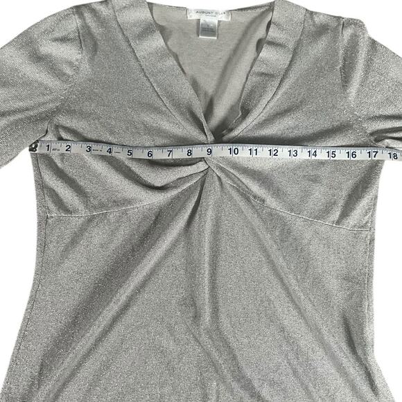 August Silk Silver Metallic Knit Top Large V Neck 3/4 Sleeve Holiday Party Lux - Picture 5 of 11